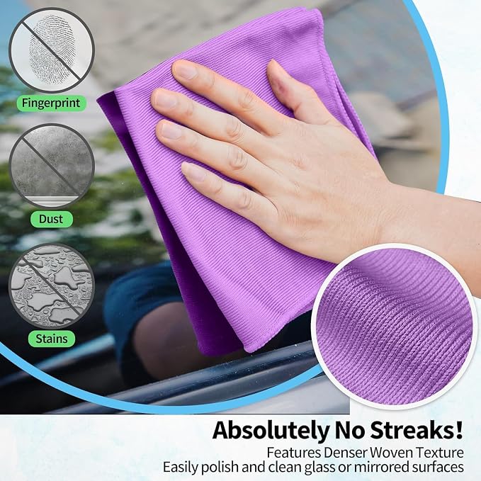 Microfiber Cleaning Cloth - 6 Pack Glasses Cleaning Cloth, 16" x 14" Window Cleaning Rags, Streak Free Lint Free Polishing Cloths Wipes for Eye Glass, Stainless Steel, Windshield, Purple
