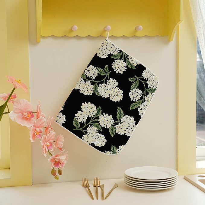 Spring Dish Drying Mat 18x24 Inches For Kitchen Counter Absorbent Black Beige Hydrangea Floral Kitchen Decoration Summer Flower Drying Mat Pad For Home Kitchen,Dining Room,Office Decor