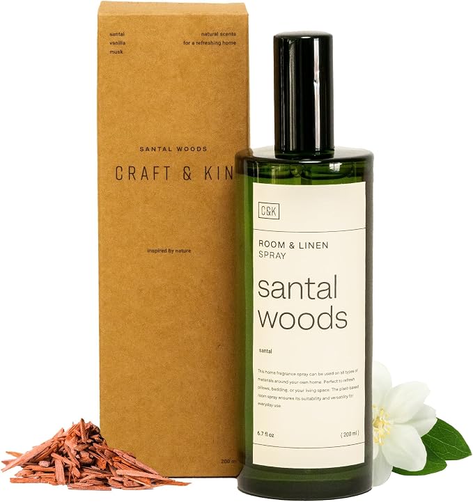 Craft & Kin Premium Santal Woods Room Spray – Long-Lasting Air Freshener for Home – Natural Essential Oil Linen & Pillow Spray – Odor Eliminator Aroma Mist for Bedroom & Washroom – 6.76 oz