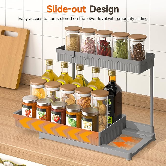 Sevenblue 3 Pack Multi-Purpose Pull-Out Storage Organizers, 2-Tier L-Shaped Under Sink/Cabinet Organizers and Storage for Bathroom & Kitchen,Grey,14.85 Inch