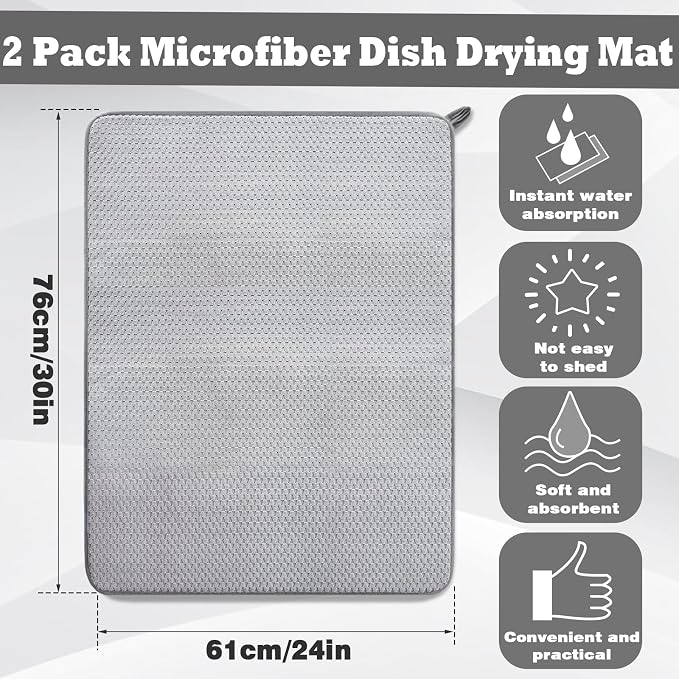 2 Pack Extra Large Microfiber Dish Drying Mat,30 x 24 Inch Super Absorbent Drying Pad,Large Size Dish Drying Mat for Countertops,Sinks,Draining Racks,Gray