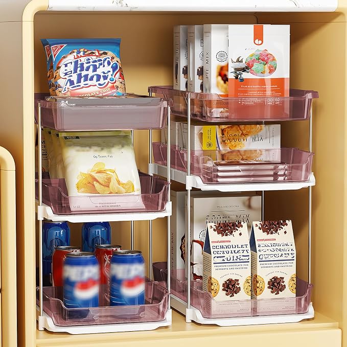 Delamu 2 Pack 3-Tier Bathroom Under Sink Organizers and Storage, Multi-Purpose Stackable Pantry Organization and Storage, Pull Out Clear Kitchen Bathroom Cabinet Organizer with Movable Dividers, Pink