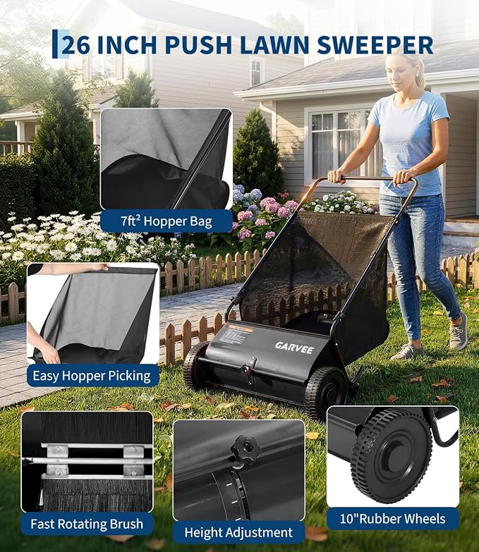 26 Inch Push Lawn Sweeper, Garden Lawn Sweeper Leaf and Grass Collector with 7 Cu.ft Mesh Bag, Adjustable Brush Height and 4 Spinning PP Brushes, Yard Sweeper for Leaves Grass Cleanup | with 7 Cu.ft Mesh Bag, Adjustable Brush Height and 4 Spinning PP B...