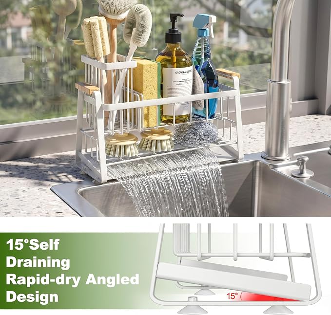 Housolution Sponge Holder for Kitchen Sink, 2-Tier Sink Caddy Organizer with Flexible High Brush Holder, Kitchen Countertop Storage Accessories, Soap Dispenser Organizer, Rustproof, White