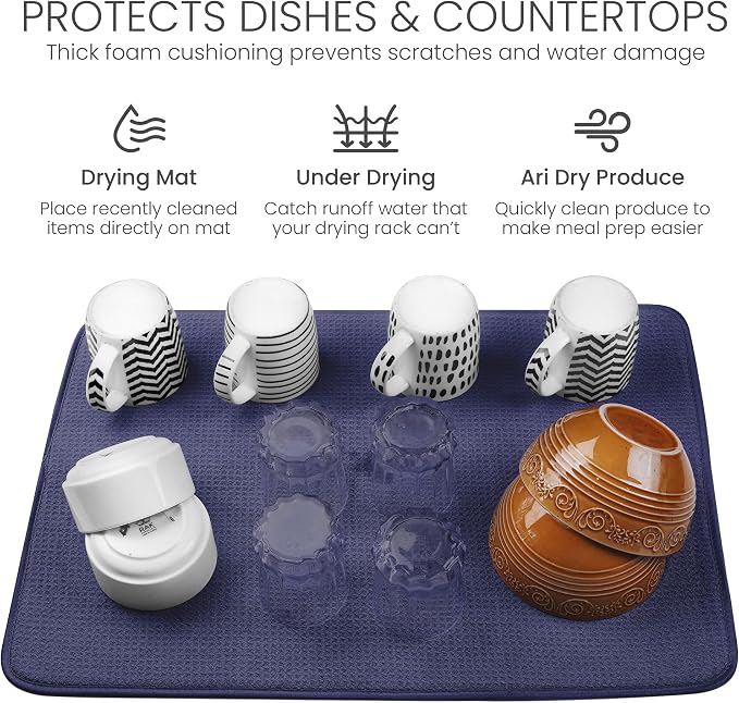 Bellemain XL Dish Mat Microfiber Dish Drying Mat, Super absorbent (Navy, 17" x 24")