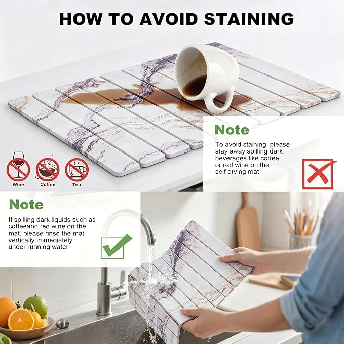 Stone Drying Mat for Kitchen Counter, Quick Diatomaceous Earth Mats for Dishes, 24"L x 16" W Super Absorbent Fast-Drying Collapsible Countertop Stone Mat (Marble White-06, 24" x 16")