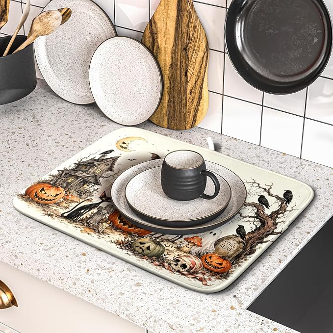 Giwawa Halloween Pumpkin Ghost Dish Drying Mat Black Cat Microfiber Dishes Pad 16x18 Inch Holiday Dish Drainer Rack Mats for Kitchen Counter Sink