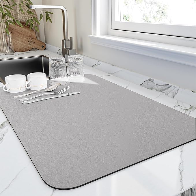 HotLive Dish Drying Mat for Kitchen Counter, Heat Resistant Drainer Mats with Non-slip Rubber Backed, Hide Stain Kitchen Super Absorbent Draining Mat, Easy to Clean Dish Rack Pad, Grey 18"x24"