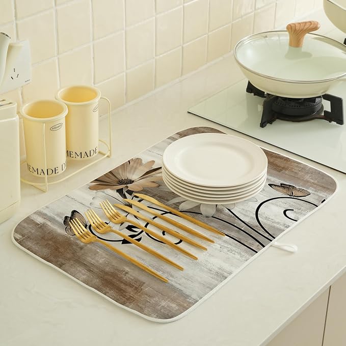 Floral Dish Drying Mat 18x24 Inches For Kitchen Counter Brown Daisy Flower Kitchen Decoration Drying Mat Modern Decorative Drying Pad For Home Kitchen Decor,Dining Room,Office Decor