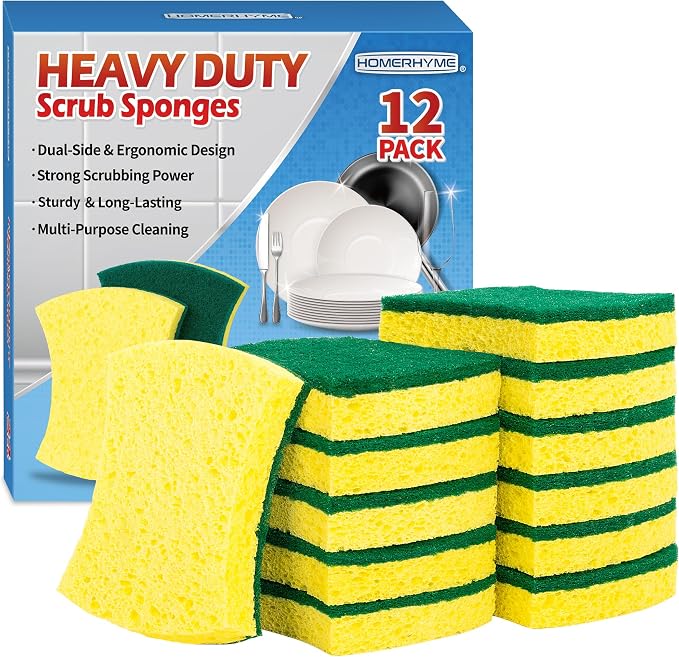 Heavy Duty Sponges, 12 Pack Cellulose Scrub Sponge, Dual-Sided Kitchen Sponge, Multipurpose Sturdy Ergonomic Design for Kitchen Dishwashing, Uncoated Cookware, Sink, and Countertops