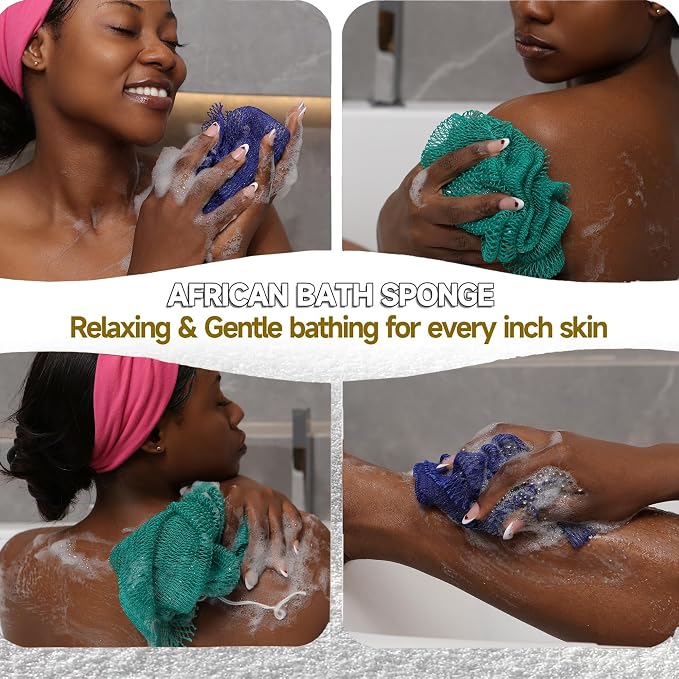 SubSahara Authentic African Net Sponge - 2 Pack Exfoliating Bath & Shower Loofah Sponge for Body & Face, Gentle Scrubber for All Skin Types, Travel, Durable (Dark Blue & Forest Green)