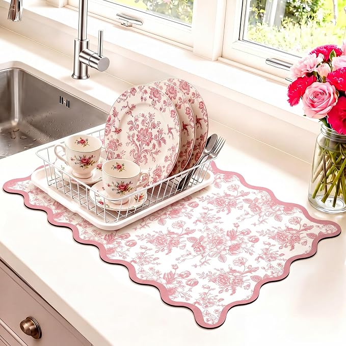 Scalloped Chinoiserie pink floral Dish Drying Mat 12"x20" Absorbent Coffee Mat Cuttable Hide Stain Non-slip Drying for Kitchen Counter Coffee Maker Espresso Machine
