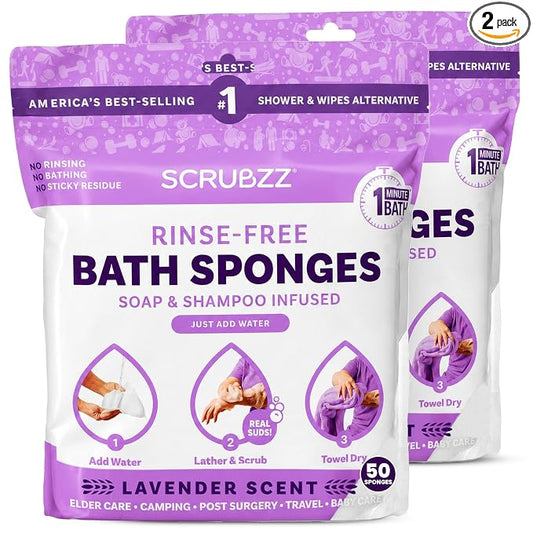 Scrubzz Disposable No Rinse Bathing Wipes - All-in-1 Single Use Shower Wipes, Simply Dampen, Lather, and Dry Without Shampoo or Rinsing (Lavender, 2-Pack)