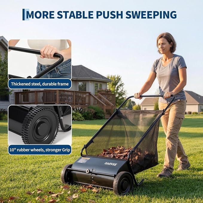 Garvee Push Lawn Sweeper, 26" Leaf & Grass Collector with 7Cu.ft Hopper Bag | Heavy Duty Yard Sweeper with Clear Dust Cover & Large Collection Bag for Leaves, Grass Clippings, for Lawn Yard Cleanup