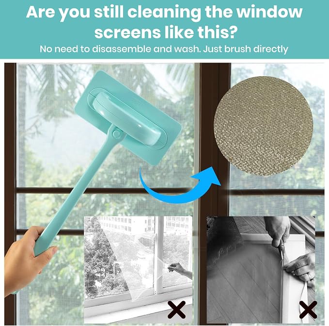 Window Screen Cleaner & Track Cleaning Kit – Mesh Screen Cleaning Brush + 3 Groove Brushes & 6 Replacement Cleaning Cloths – 14.8″ Detachable Long-Reach Handle, Wet & Dry Dual-Use