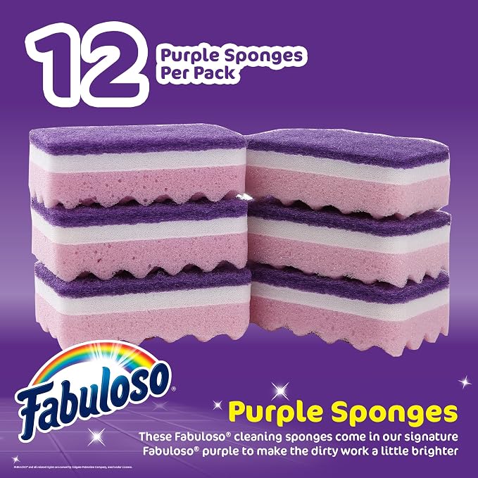 Fabuloso Scratch-Free Kitchen Dish Sponges, Purple Cellulose Scrubber Sponge with Scouring Pad for Dishes, Pots, Pans, Counters and Sinks, Tough on Messes, 4.25 x 2.75 x 1.25 in, 12 Count