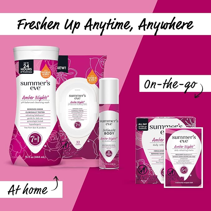 Summer's Eve Amber Nights Feminine Wipes, with Gentle pH-Balanced Formula Designed to Remove Odor, Individually Wrapped Wipes, 12 Count