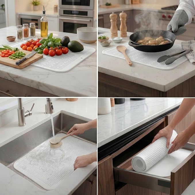 MicoYang Silicone Dish Drying Mat for Multiple Usage,Easy clean,Eco-friendly,Heat-resistant Silicone Mat for Kitchen Counter or Sink,Refrigerator or Drawer Liner White 2XL 24 inches x 18 inches