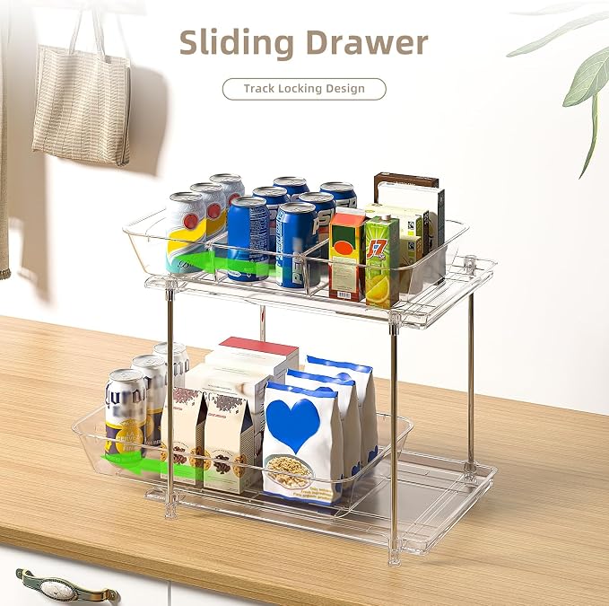 Sevenblue 2-Pack 2-Tier Under Sink Organizer with Pull Out Drawers | Multi-use kitchen & bathroom storage. Includes hanging hooks and cups. transparent, space-saving cabinet design. 12.8 Inch
