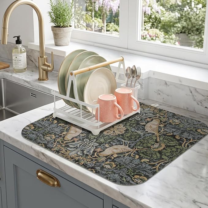 Boho Dish Drying Mat for Kitchen Counter,Vintage Bird & Botanical Floral Farmhouse Absorbent Microfiber Reusable Washable Non-Slip Dish Drainer Draining Mats Dishes Pad for Kitchen Decor 18x16 Inch