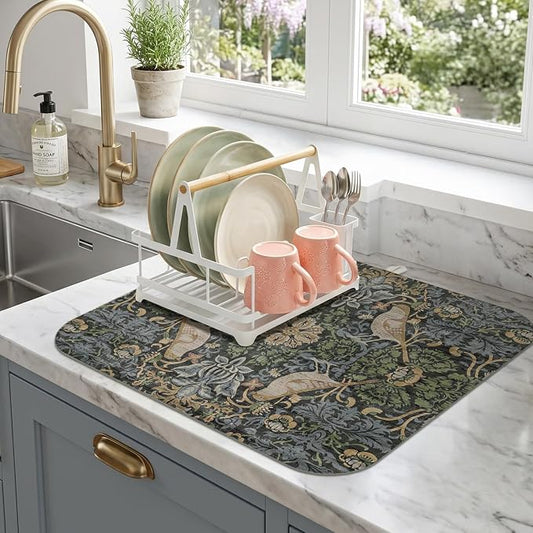 Boho Dish Drying Mat for Kitchen Counter,Vintage Bird & Botanical Floral Farmhouse Absorbent Microfiber Reusable Washable Non-Slip Dish Drainer Draining Mats Dishes Pad for Kitchen Decor 18x16 Inch