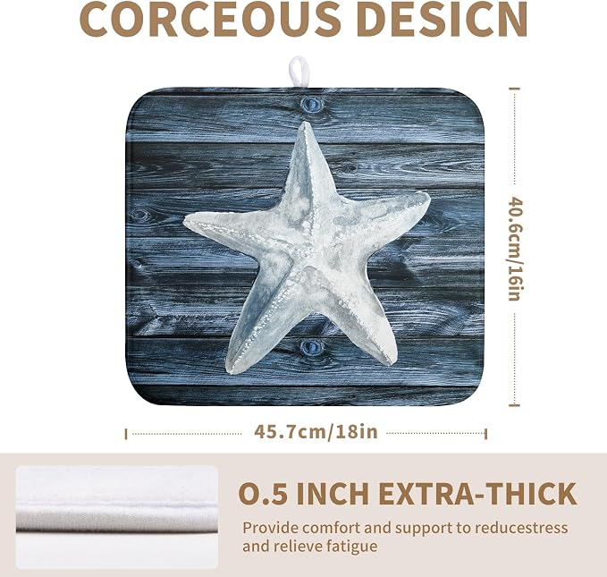 Coastal Starfish Dish Drying Mat Dark Blue Ocean Animal Print Drying Mats Microfiber Reversible Absorbent Dishes Pad Drainer Rack Mats for Kitchen Counter Sink 16x18 Inch