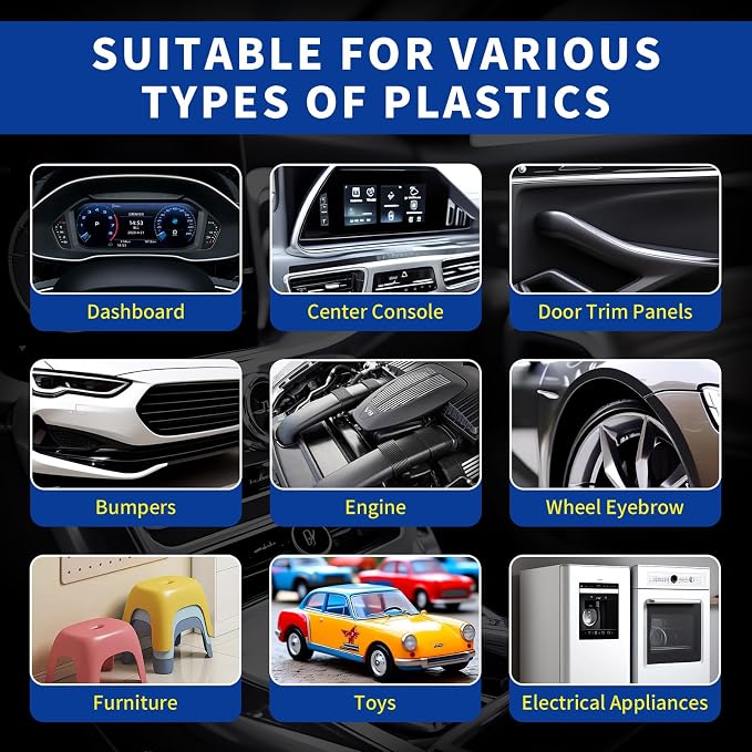Plastic Restorer for Cars, Restores Faded Plastic, Vinyl, Rubber, Trim, Bumpers & Interior Surfaces to Like-New Finish - Brings Back Deep Black & Color, UV Resistant - 3.4OZ