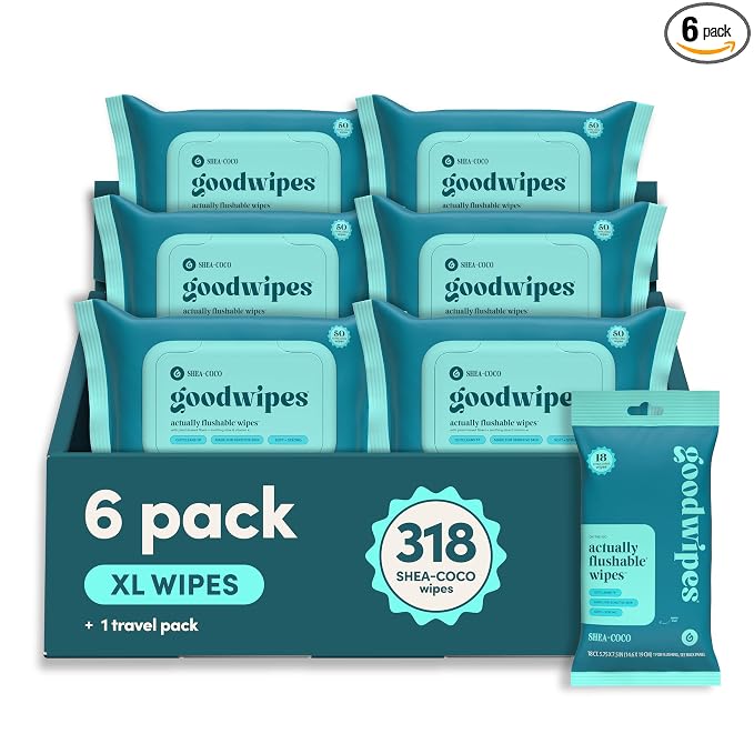 goodwipes Flushable Wipes for Adults - Shea-Coco Butt Wipes for Women & Men, Septic Safe, Toilet & Bathroom Essentials, Extra Large, 318 Count (6 Packs and 1 Travel Pack)