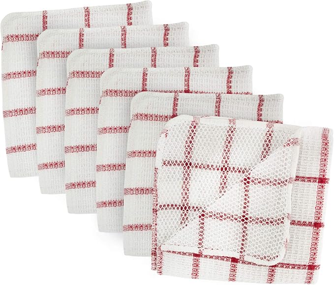 DII Scrubber Dishcloths Collection Windowpane Dishrag Set, 12x12, White/Red Stripe, 6 Piece