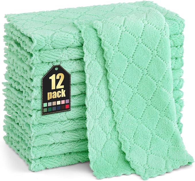 Homaxy 12 Pack Kitchen Dish Cloths (10 x 10 Inches, Green), Super Soft and Absorbent Coral Velvet Dish Towels, Nonstick Oil Fast Drying Microfiber Cleaning Cloth, No Lint Household Dishcloths