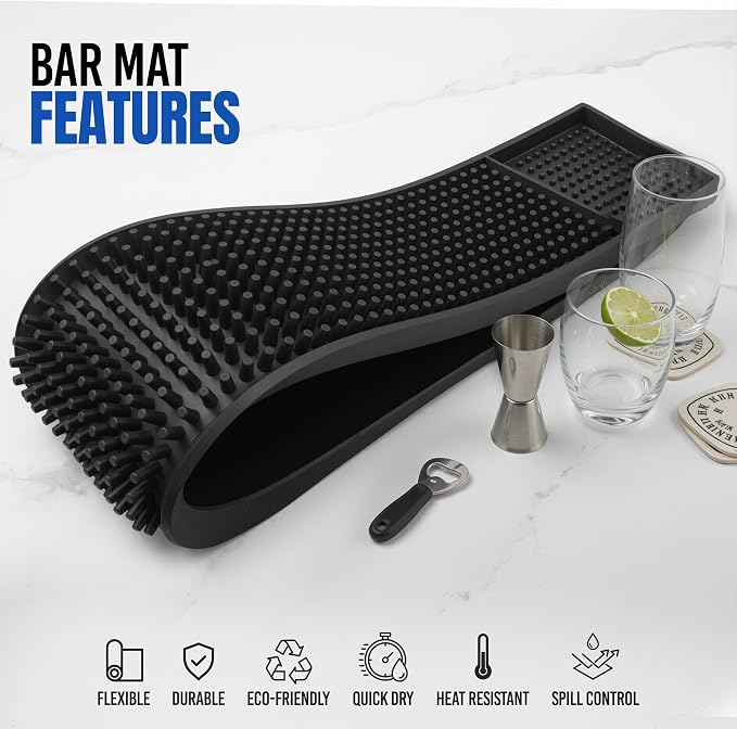 Black Bar Mats 24" x 3" – Non-Slip Rubber Bar Service & Spill Mats for Countertop, Bartending, Coffee Bar, Kitchen, Restaurant (Pack of 2)