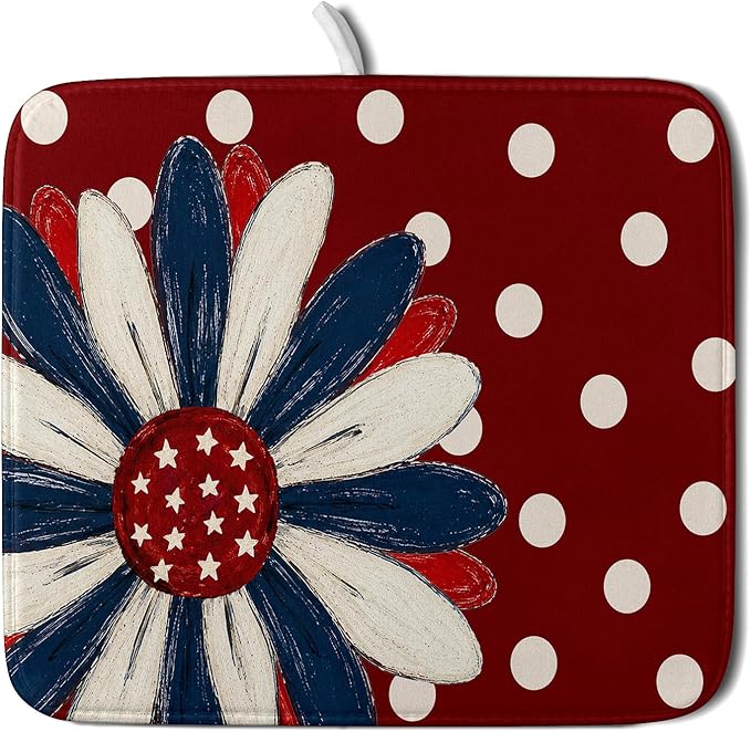 Patriotic Dish Drying Mat 16 x18 In Red and Blue Daisy Microfiber Kitchen Draining Mat for Countertops