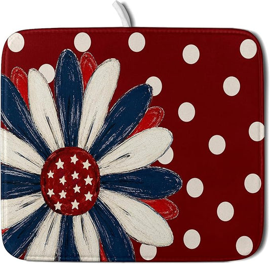 Patriotic Dish Drying Mat 16 x18 In Red and Blue Daisy Microfiber Kitchen Draining Mat for Countertops
