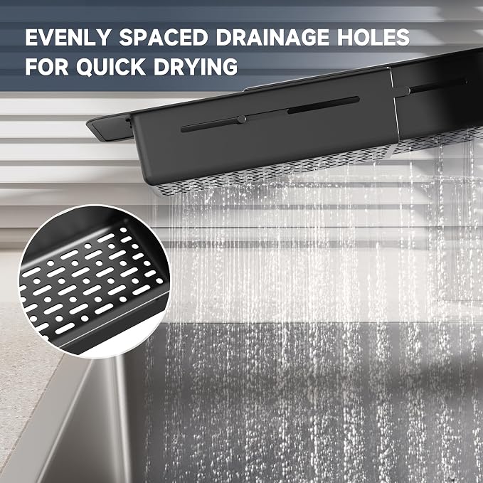 NiHome Extendable Sink Kitchen Organizer, Extra Long Telescopic Brush Storage Rack for Sponge, Non-Slip Pads Expandable Sink Caddy, Adjustable Sponge/Brush Rack with Drainage Durable ABS (Black)