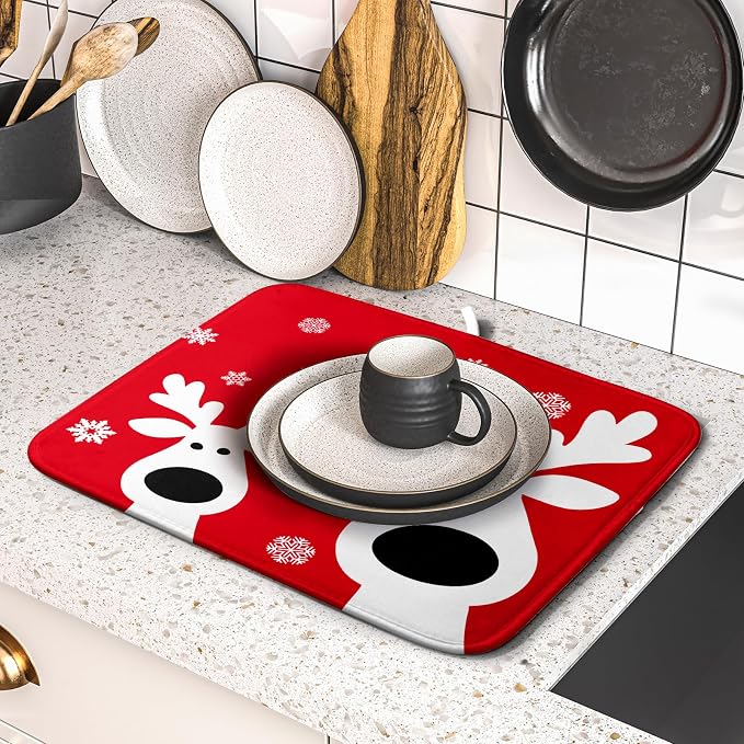 Xmas Dish Drying Mat for Kitchen Counter Cute Reindeer Holiday Snowflake Microfiber Absorbent Dish Draining Reusable Washable Foldable 16"x18"