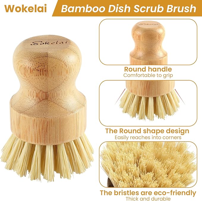 Bamboo Dish Scrub Brushes Set for Kitchen - Wooden Cleaning Scrubbers Brushes, Eco-Friendly Natural Dishes Washing Brush for Dishwashing Cast Iron Pots Pans Skillet Vegetables Sink, Set of 2