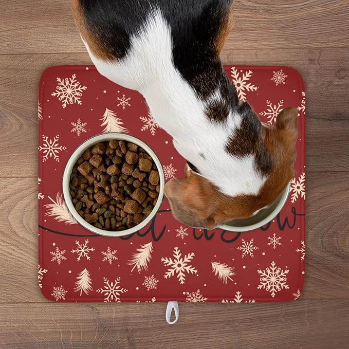 Christmas Snowflake Dish Drying Mat for Kitchen Counter 16x18 Inch | Red Xmas Theme Snowflakes Trees Snowy Dish Drainer Mat Rustic Winter Holiday Absorbent Washable Drying Pad