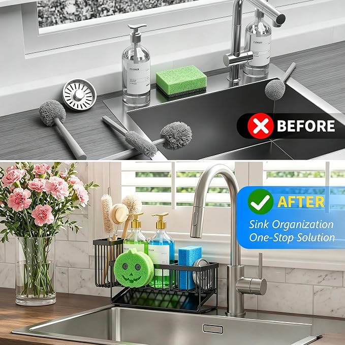 Cisily 9.25'' ponge Holder for Kitchen Sink, Smiley Face Sink Caddy with Removable Brush Holder,Self-Draining Sponge Caddy for Sponge,Soap,Dish Brush,Scrubber,Kitchen Essentials and Gadgets