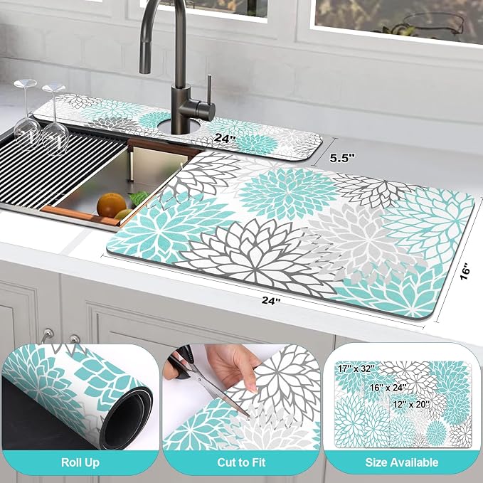 Findosom 2PCS 16" x 24" Dish Drying Mat & 24" x 5.5" Sink Splash Guard, Super Absorbent & Cuttable Dish Mat Drying Kitchen Mat with Teal Floral, Hide Stain Drying Mat for Kitchen Counter