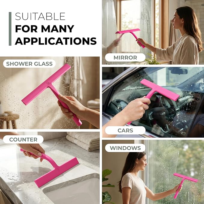 GÜTEWERK Silicone Shower Squeegee for Glass Doors & Mirrors with Stainless Steel Core, Streak-Free & No-Squeak Window Cleaning, 3-in-1 No-Drill Mount (Hook/Suction/Adhesive),Pink, 11 Inches
