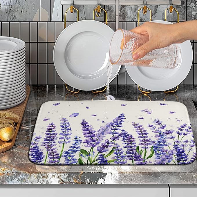Purple Lavender Dish Drying Mat for Kitchen Counter Spring Summer Flower Floral Dishes Drainer Mats Absorbent Microfiber Dish Drying Pad Washable Dish Draining Mat Medium 16x18 Inch