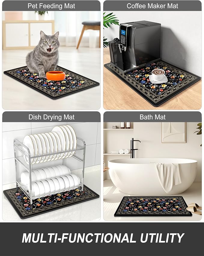 Rnivvi Dish Drying Mat for Kitchen Counter, 12 x 19" Cute Flower Theme Super Absorbent Draining Pad, Non-Slip Heat Resistant Coffee Bar Mat for Coffee Machine Station Accessories, Retro Dish Rack Pad