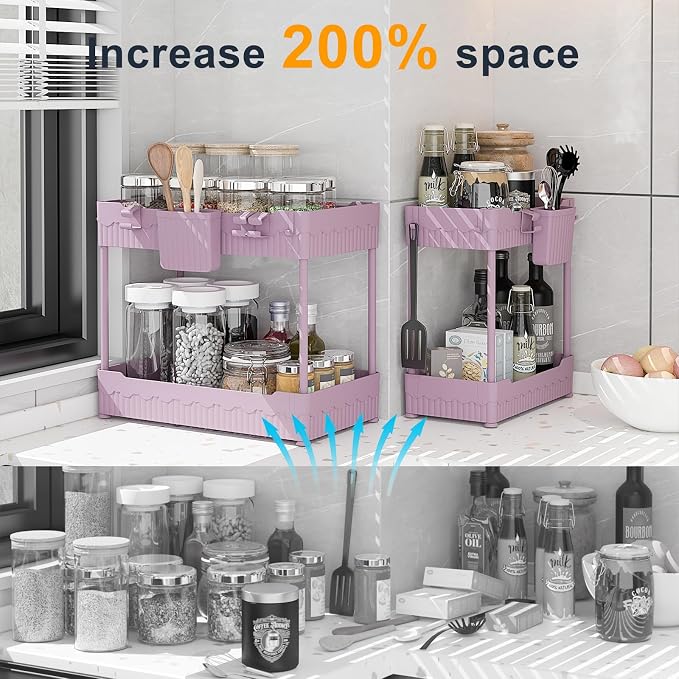 Sevenblue 2 Pack Under Sink Organizer, Under Bathroom Cabinet Organizer with Hooks Hanging Cup, Multi-Purpose Storage Shelf for Kitchen Bathroom (Pink, 14.8 Inch)