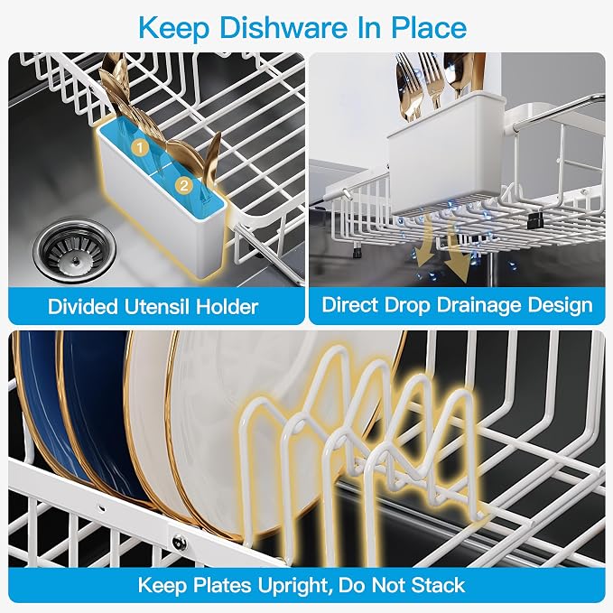 JASIWAY Expandable Stainless Steel White Dish Drying Rack Over The Sink for Small Kitchen, Counter Space Saving Compact Plate Drainer Strainer, Adjustable Hanging Metal Dish Dryer with Utensil Holder