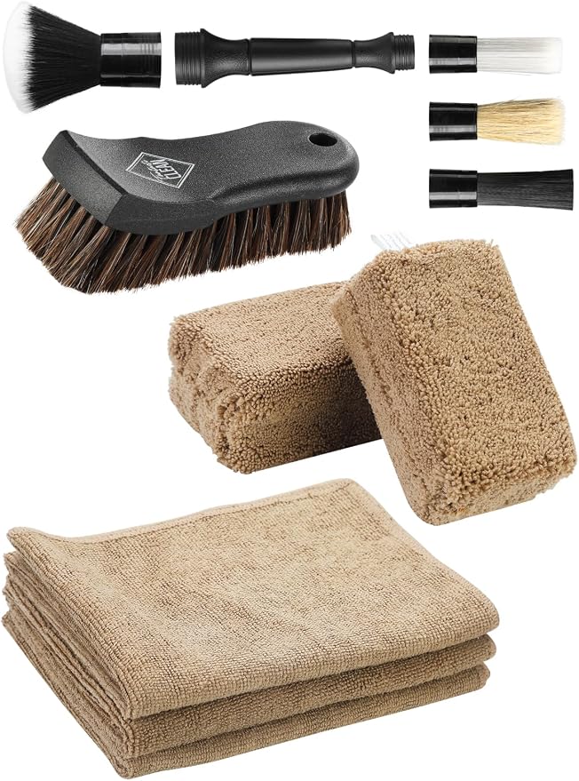 Fantasticlean 9PCS Car Detailing Brush Set, Interior Leather Cleaning | Car Interior Brush Kit, Horse Hair Leather Brush for Car Detailing, Scratch-Free Leather Cleaner Applicator, Cleaning Cloth