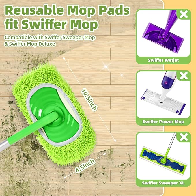 Reusable Microfiber Pads Compatible with Sweeper Mop, Washable Wet Pads Refill & Highly Absorbent Dry Sweeping Cloths - Chenille Mopping Pad for All Sealed Floors Cleaning (Mop is not Included)