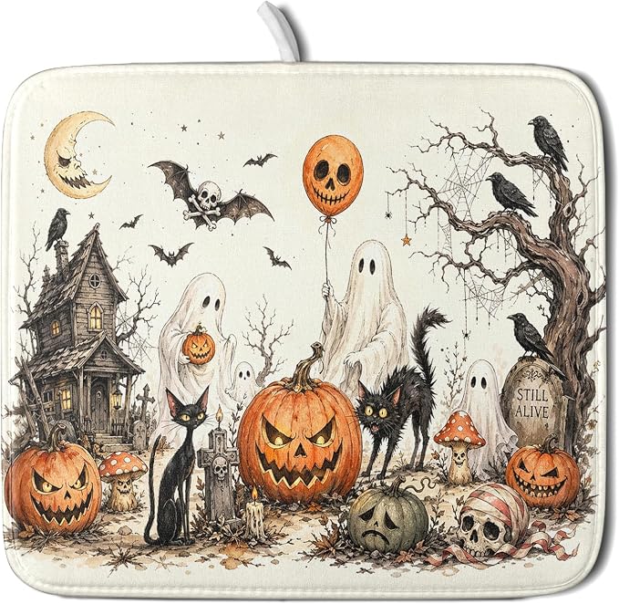 Giwawa Halloween Pumpkin Ghost Dish Drying Mat Black Cat Microfiber Dishes Pad 16x18 Inch Holiday Dish Drainer Rack Mats for Kitchen Counter Sink