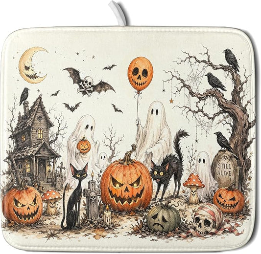 Giwawa Halloween Pumpkin Ghost Dish Drying Mat Black Cat Microfiber Dishes Pad 16x18 Inch Holiday Dish Drainer Rack Mats for Kitchen Counter Sink