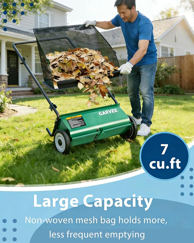 Garvee Push Lawn Sweeper,26-Inch Width Enhanced 4-Brush System with Large 7 cu. ft. Hopper Bag, Ideal for Yard and Garden Cleanup, Green | Brush Height Adjustment, All-Terrain Suitable, 7 cu.ft Hopper Bag, Durable Steel Frame, Easy Setup, Compact & Spa...