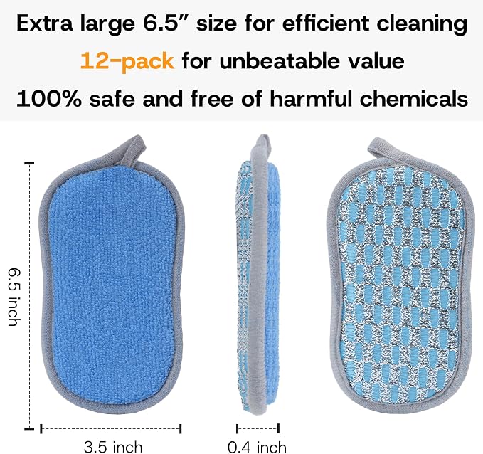 Multi-Purpose Scrub Sponges Kitchen – 12 Pack Dish Sponge, Dual-Sided Non-Scratch Microfiber & Metal Scrubber, Reusable Sponges for Dishes, Pots, Glass, Sink, Stovetop & Bathroom (Blue)